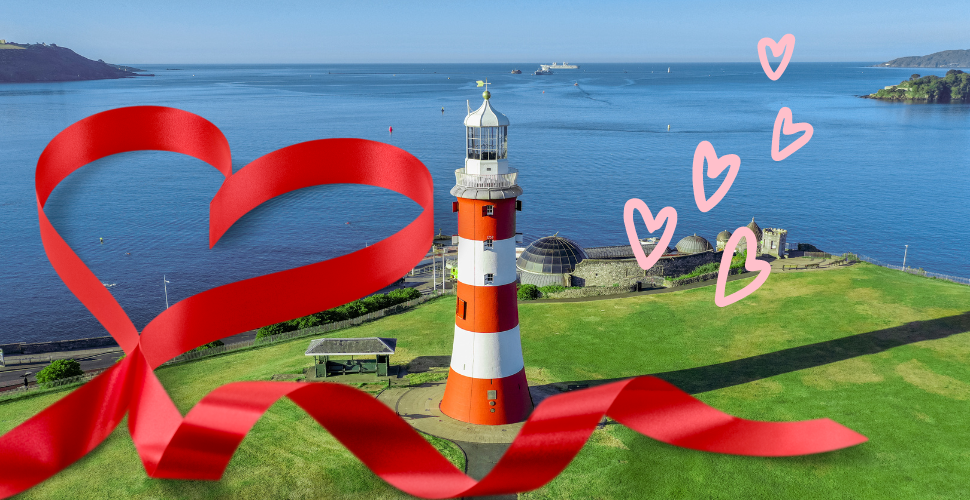 Smeaton's tower with love heart ribbons surrounding it.